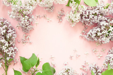 Lilac flowers on pink background. Spring flowers. Top view, flat lay, copy space. - Image