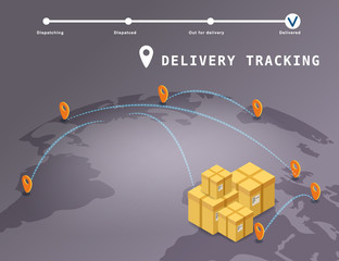 Delivery Global tracking system service online isometric design with boxes, markers on map Earth