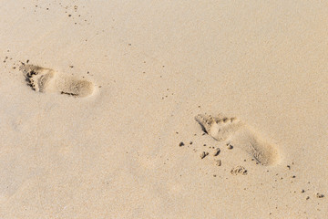 Fototapeta na wymiar Foot print on the fine sand beach, step by step, nature texture background
