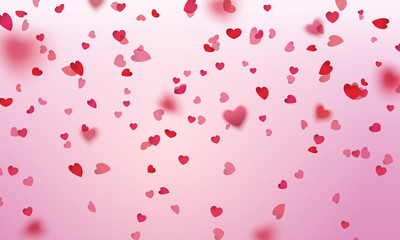 Fototapeta na wymiar Pink and red hearts confetti falling effect background. Vector symbols of love elements for Valentine day, wedding greeting card design.