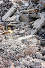 Pile of concrete debris at a building demolition site