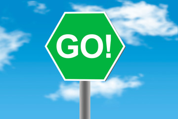 Go! road sign on cloud background.