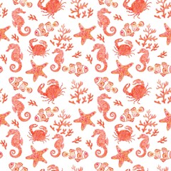 Seamless  hand-drawn background drawn by red pencil.  Nice  pattern with inhabitants of the coral reef: seahorse,  crab,  fish, starfish and corals. Beautiful pattern for printing on fabric. Isolated 