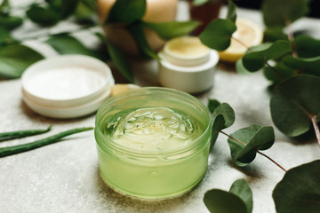 A can of aloe gel next to an aloe branch and eucalyptus leaves. The concept of skin care, love for your body, natural ingredients. Background with natural cosmetics of aloe vera juice