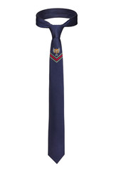 Subject shot of a classic tie made of navy silky fabric with embroidered green and red stripes and a flying tiger logo. The necktie is isolated on the white background.