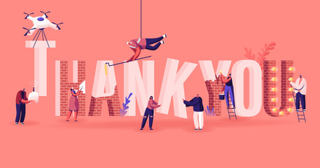Thanks Concept. Male and Female Characters Set Up, Painting and Decorate Huge Word Thank You Made of Red Bricks. Gratitude Typography Poster Banner Flyer Brochure. Cartoon Flat Vector Illustration