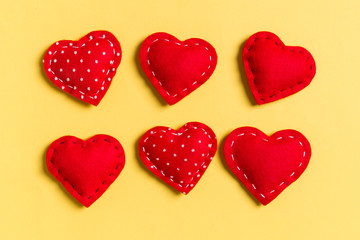 Top view of textile hearts on colorful background. Close up of Valentine's day concept