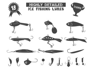 eighteen ice fishing lures icons