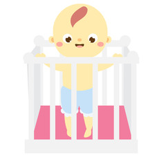 baby stand in playpen. Happy toddler in bed. Newborn child, Little kid smile