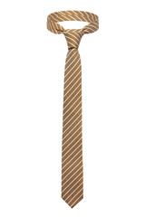 Subject shot of a classic cotton tie made of beige textured fabric with white diagonal stripes. The necktie is isolated on the white background.