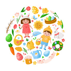 Obraz na płótnie Canvas Cartoon Easter Day, kids boy girl in costumes, easter eggs, spring flowers, rabbit, chiken, willow branch, floral wreath, tulips, cake, isolated on white for cards, print, your designs - vector