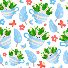 Easter Day - seamless pattern with funny cartoon rabbit or bunny in tea cup, feathers and flowers on white, background or endless texture for textile, fabric, wrapping or scrapbooking paper - vector