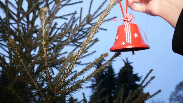 Bell hangs girl on the branch of the tree on the street.Man decorating the Christmas tree.People are celebrating.Red bell symbol. Christmas eve, Orthodox holiday.Family feast of the Church.