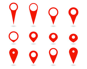 Red map location pointer icon collection. Vector illustration image. Start here logo symbol sign set.  Isolated on white background. Navigation position pin graphic template.