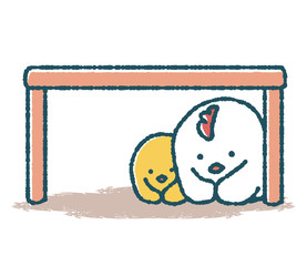 ゆるいにわとりとひよこは机の下でしゃがむ