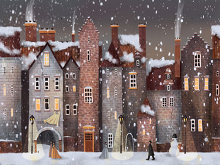 Night or Evening Christmas Winter Street City with Snowfall, women, men, kitten and snowman. Hand drawn illustration.