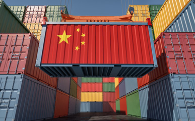 Fototapeta premium Container Terminal - Shipping Container with China flag. 3D Rendering