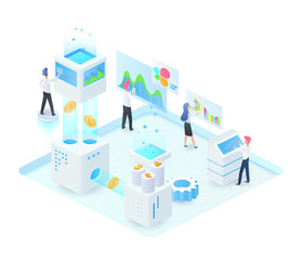 Cryptocurrency exchange platform isometric vector illustration. Online trading platform. Digital service maintenance. Teamwork and currency rate analisys. E-commerce cartoon conceptual design element