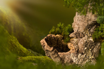 Tree trunk with hole on moss