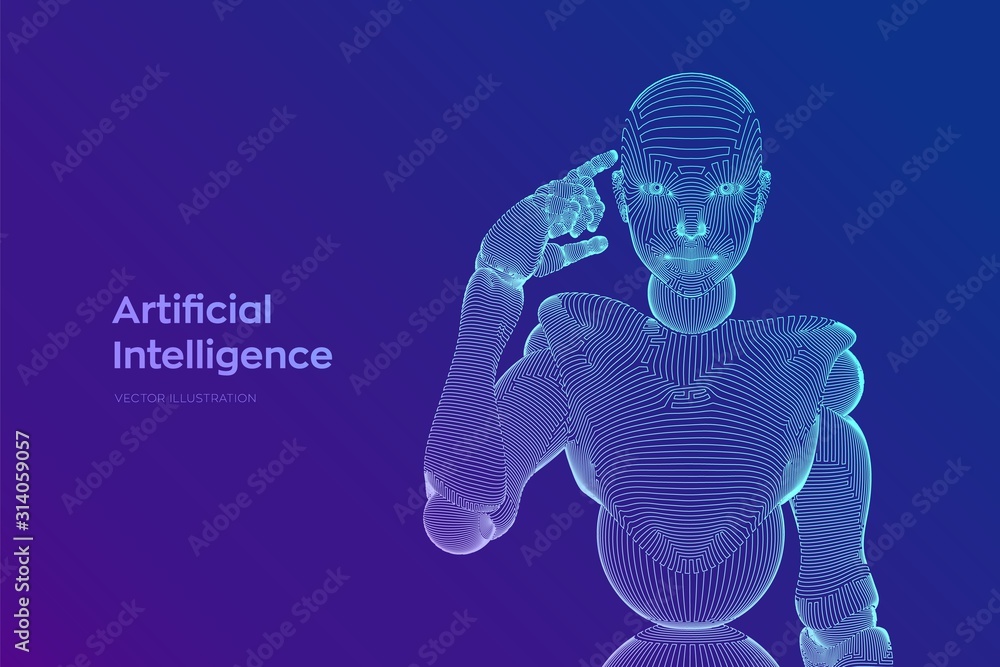 Aufkleber abstract wireframe female cyborg or robot holds a finger near the head and thinks or computes using 