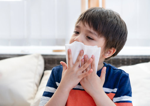 Unhealthy Kid Blowing Nose Into Tissue, Child Suffering From Running Nose Or Sneezing , A Boy Catches A Cold When Season Change, Childhood Wiping Nose With Tissue