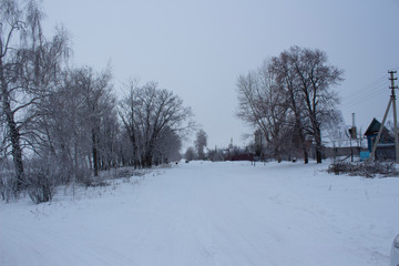 Fototapeta na wymiar The outskirts of the Russian village of Nikolskoye-on-Cheremshan, winter rural road and forest, winter evening in the Ulyanovsk region in Russia.