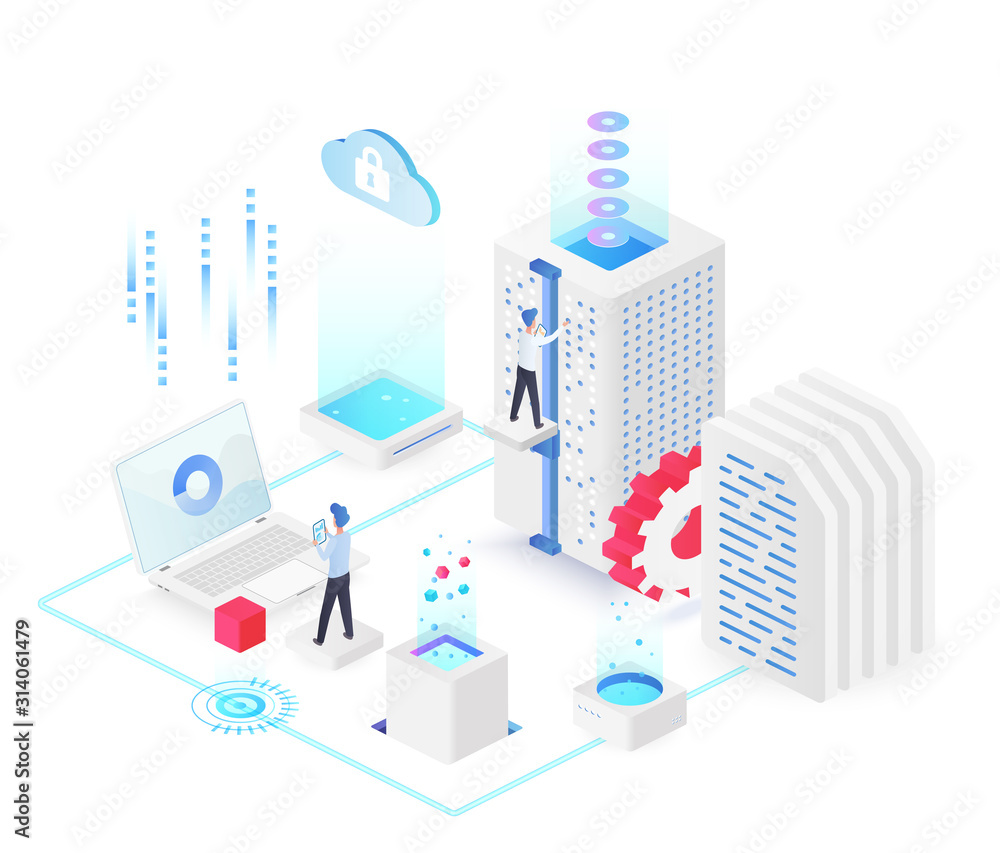 Poster database white isometric vector illustration. electronic maintenance team. service hardware administ