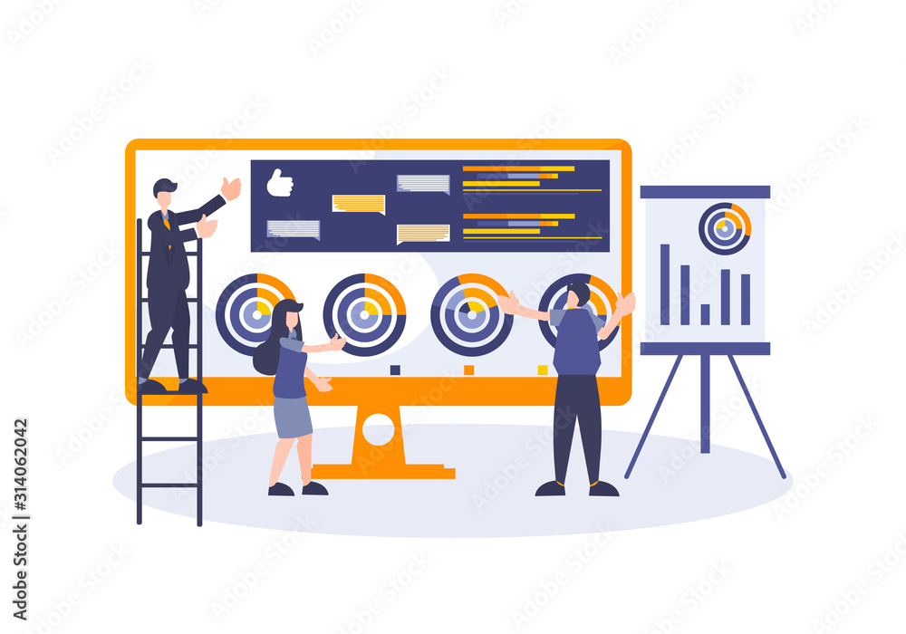 Poster business workers developing a analysis and calculation presentation for web and landing page element