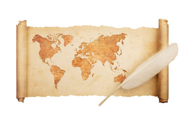Ancient, old world map on  vintage scroll paper isolated on white background with feather.
