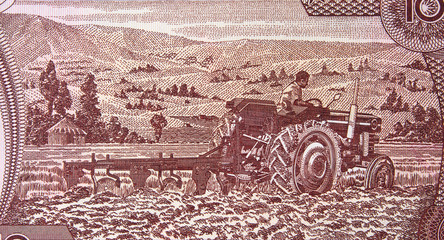 Ethiopian farmer plows on a tractor on Ethiopia 10 birr banknote. Vintage Engraving.