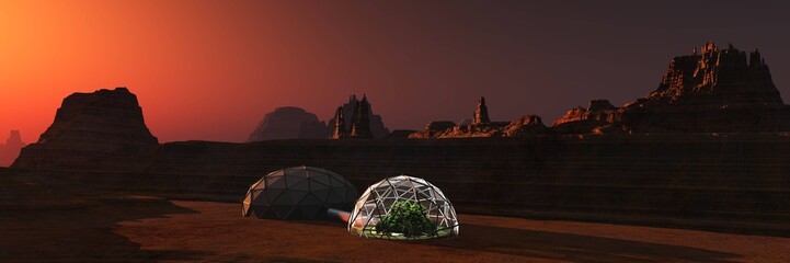 Mars at sunset, panorama of Mars, Martian base, 3D rendering © ustas