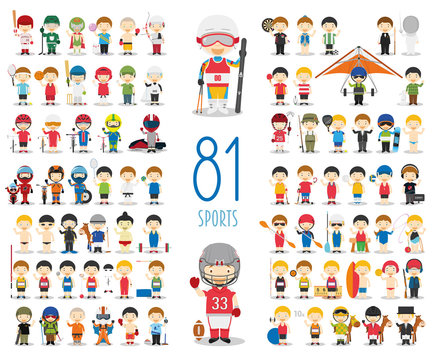 Set of 81 different sports in cartoon style. Kids characters vector illustration