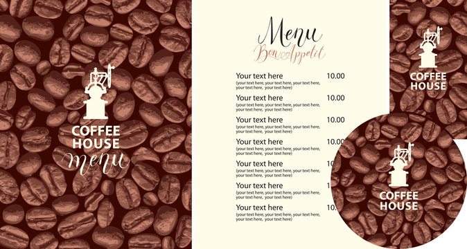 Vector set of design elements for coffee house. Menu, business cards and coasters for drinks with old coffee grinder on the background of coffee beans