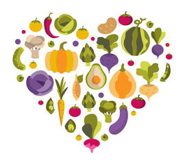 Vector mega set with colorful flat vegetables. Heart made of healthy vegetables on a white background.