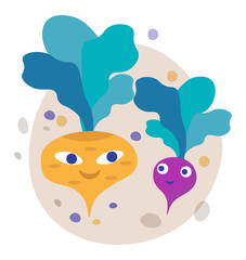 Vector illustration of turnip and radish friends. Funny characters vegetables. Vegetables in the garden talking. Illustration for books, games, design of children's things.