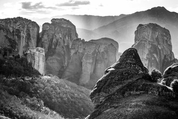 black and white photo of the Monasteries of Meteora an UNESCO World Heritage. The Holy Monastery of Roussanou. Kalambaka (Kalabaka), Greece.