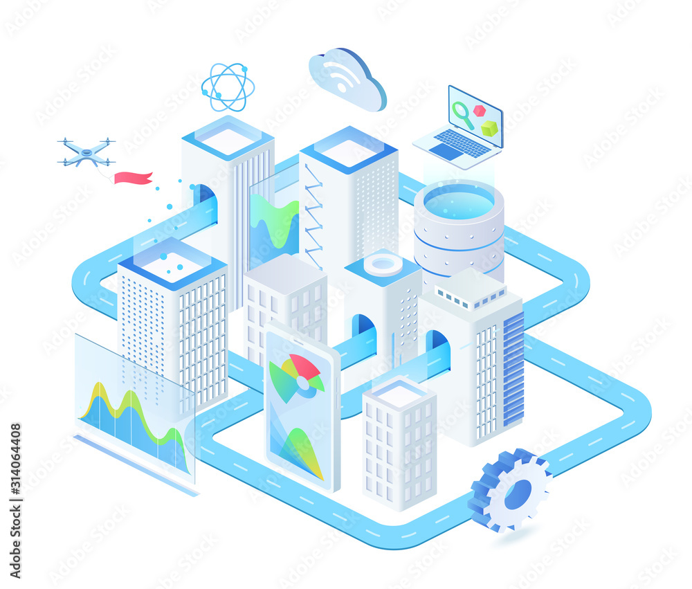 Poster digital technologies isometric vector illustration. industrial innovative town management. futuristi