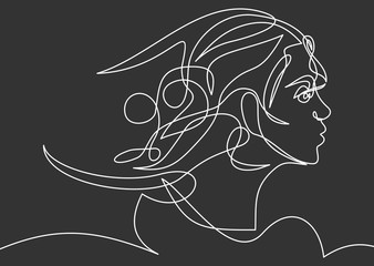 Continuous one line drawing. Abstract portrait of romantic woman face. Vector illustration.