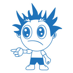 emoticon with a frightened little man who points with his index finger to the left, blue vector clip art on a  white isolated background