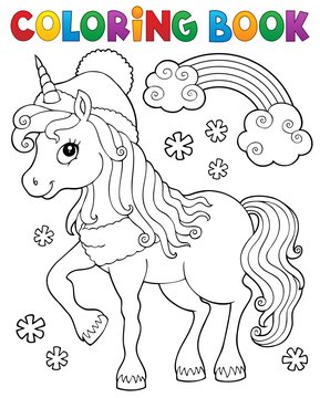 Coloring book winter unicorn theme 1