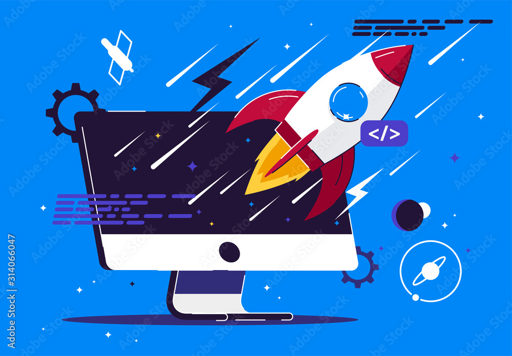 Poster vector illustration of a monoblock with a rocket flying out of the monitor with a space background, 