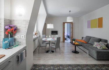 Light interior of living room. Door to the bedroom. Cozy couch. Table and chairs.