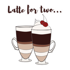 Valentine's day greeting card design with couple of cups isolated on white background. Latte for two. Trendy vector illustration