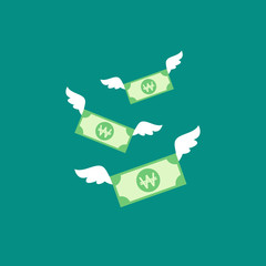 korean won banknotes with white wings. Flat icon. Isolated on blue background.
