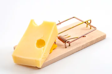 Deurstickers Vermin and pest control conceptual idea mouse trap used to catch a mouse with cheese as bait isolated on white background © Victor Moussa