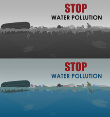 Stop water pollution illustration. Stock vector. Different garbage and slime in the water. Eco concept. Trash emission and water pollution horizontal banners with text.