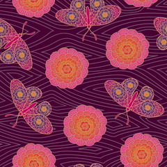 Vector Butterflies with Floral Wings and Flowers in Pink, Orange and Purple on Dark Purple. Background for textiles, cards, manufacturing, wallpapers, print, gift wrap and scrapbooking.
