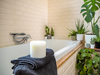 Bright bathroom with subway tiles and a large variety of green potted plants creating a green oasis...