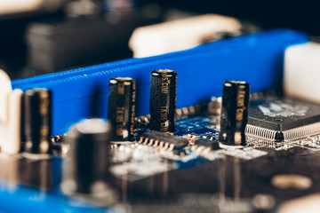 Computer electronic circuit board with processor close up
