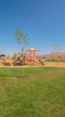Fototapeta na wymiar Vertical frame Scenic park with picnic tables and benches and playground against blue sky